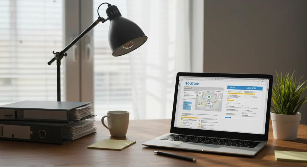 Desk workspace featuring a laptop displaying ISO 27090 documentation, with stacked binders, a cup, sticky notes, and a desk lamp, emphasizing organizational compliance and information security management.