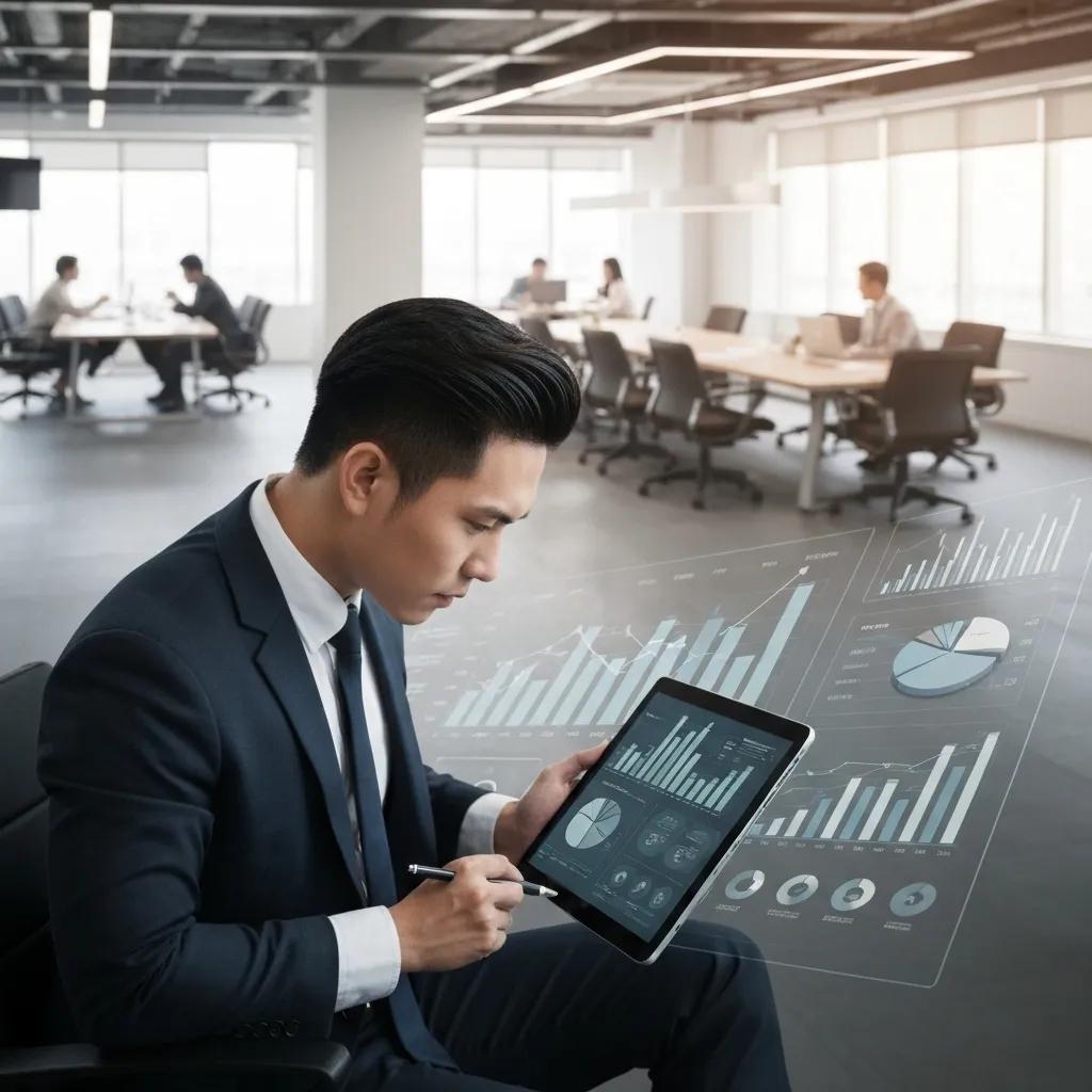 Business professional analyzing data on tablet in modern office with financial graphs and charts, reflecting strategic planning and investment analysis related to ISO 21000 certification costs.