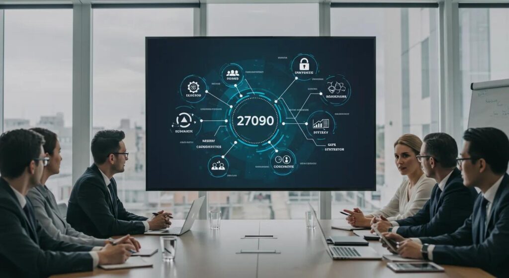 a dynamic conference room filled with professionals engaged in a discussion, illuminated by soft natural light filtering through large windows, showcasing a large screen displaying a digital representation of iso 27090 with key cybersecurity metrics and strategies highlighted.