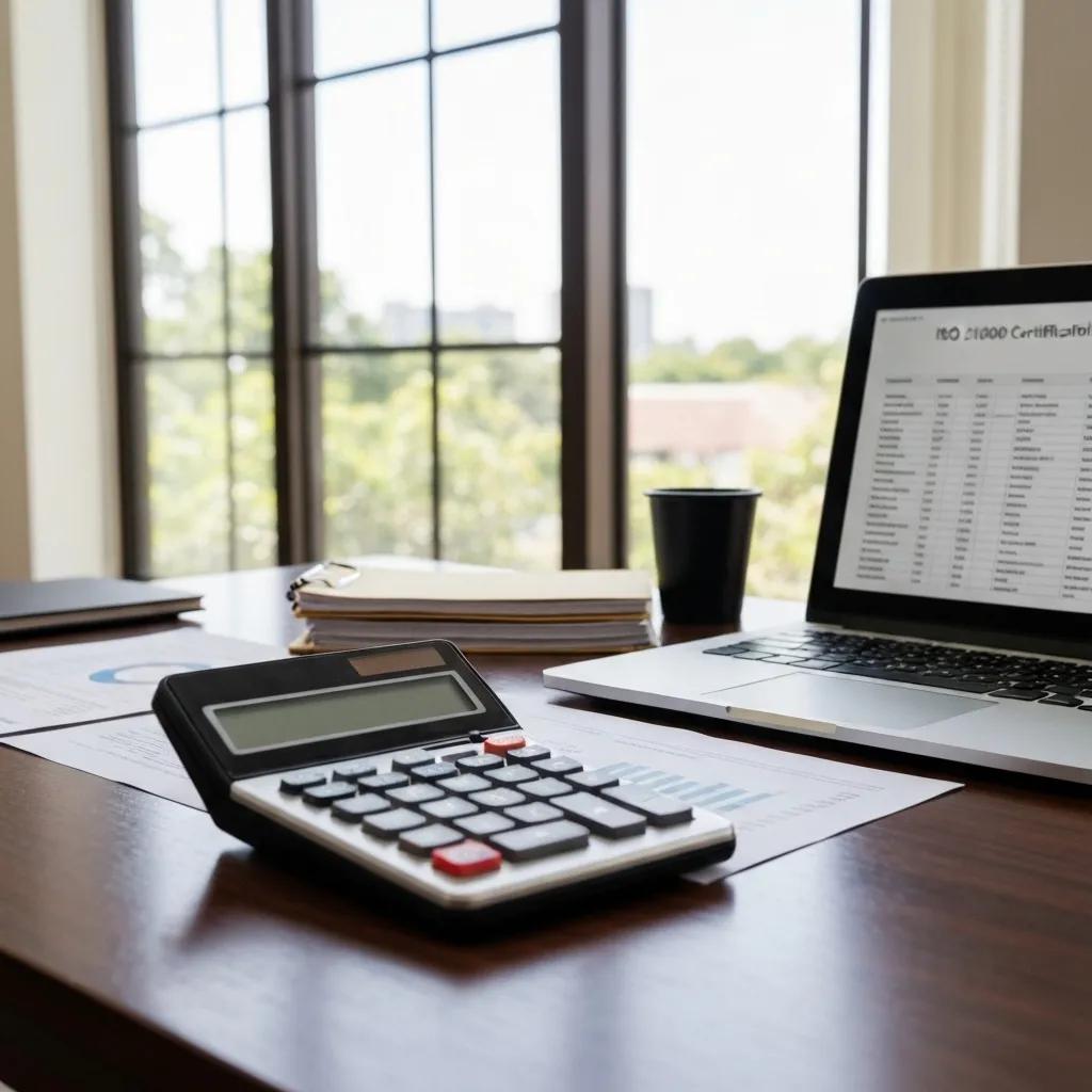 Calculator and laptop on a desk with ISO 21000 certification data, emphasizing cost analysis and resource allocation for educational organizations.