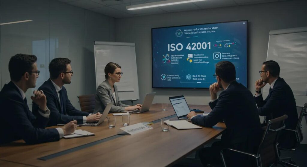 a dynamically illuminated boardroom filled with diverse professionals engaging in collaborative discussions around a digital presentation that highlights the transformative impact of iso 42001 on business strategies and data governance.