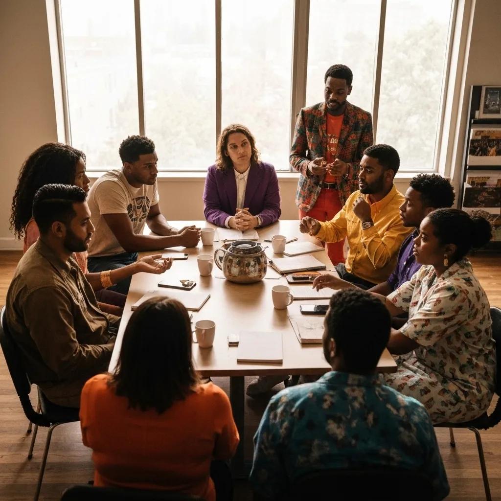 Diverse group of individuals engaged in a collaborative discussion around a conference table, emphasizing teamwork and communication in an educational setting.