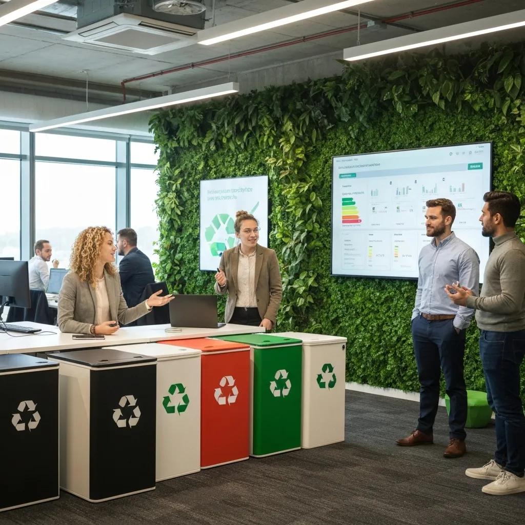 Business meeting focused on environmental sustainability, featuring diverse professionals discussing recycling strategies, with color-coded recycling bins and a digital display of environmental data in a green office setting.