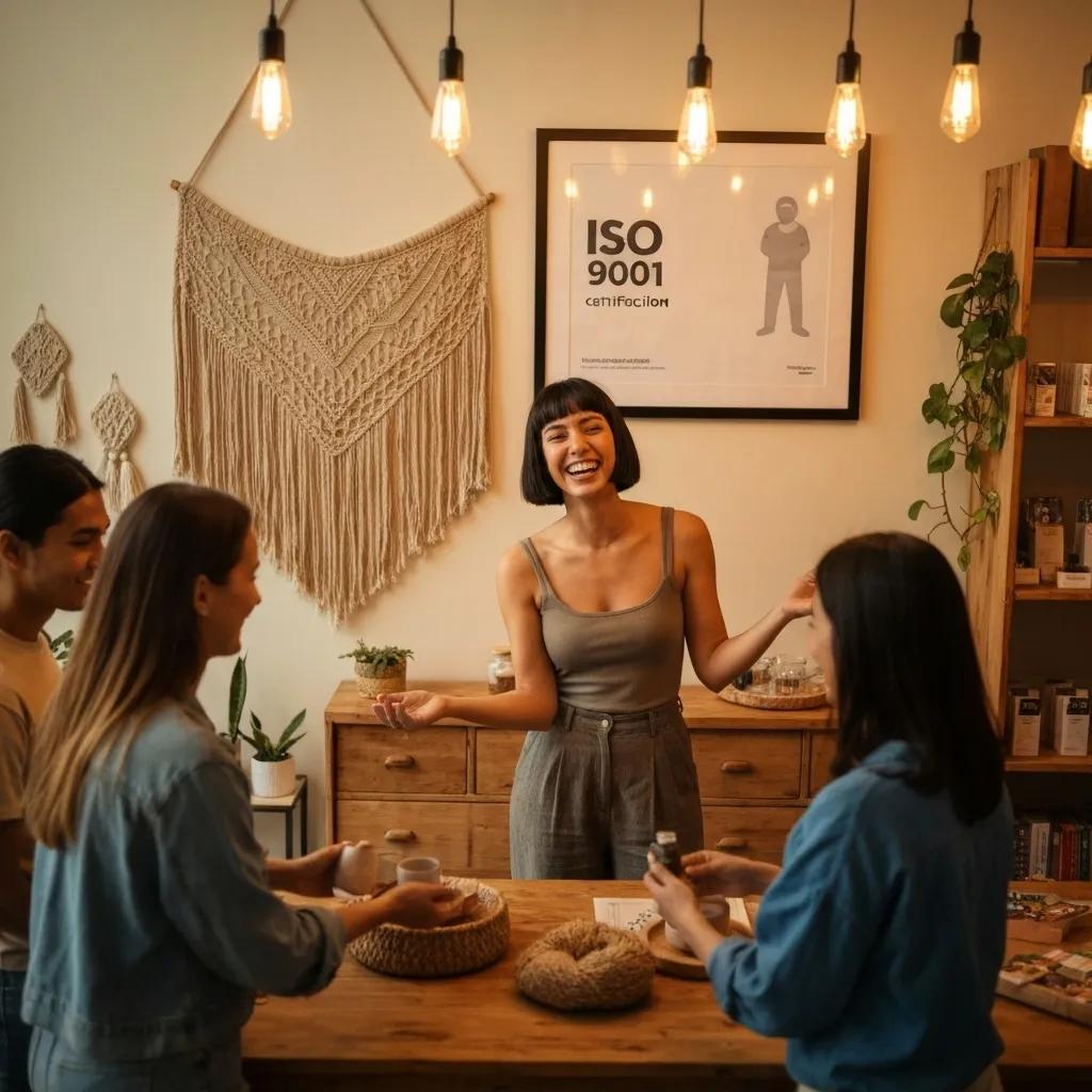 Small business owner showcasing ISO 9001 certification in a welcoming shop environment
