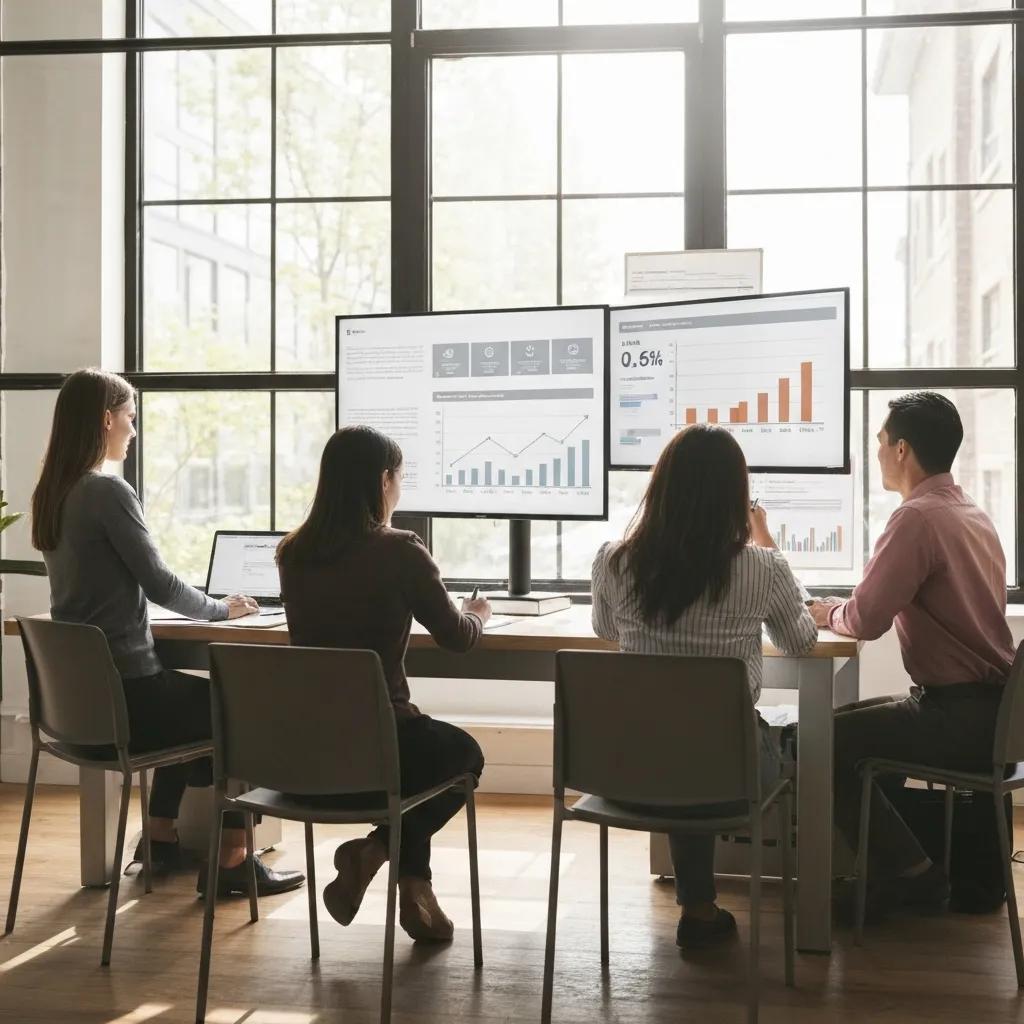 Educators analyzing data on a digital dashboard for continuous improvement in ISO 21001 certification