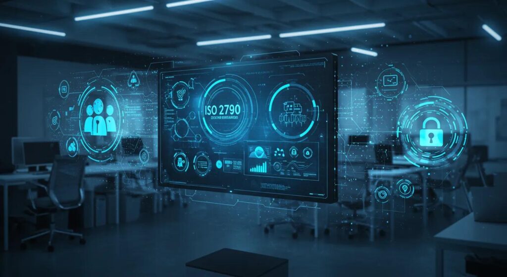 Digital display showcasing ISO 27090 documentation standards with data security graphics and icons, emphasizing information security management in a modern office environment.