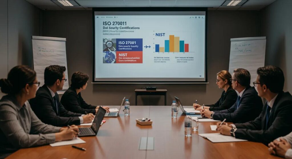 Business meeting discussing ISO 27001 and NIST data security certifications, with a presentation slide showing comparison charts and key points on a screen.