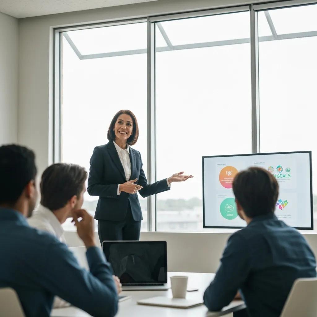Business leader presenting strategies for ISO 14001 implementation to engaged team, with visual aids highlighting environmental management goals.