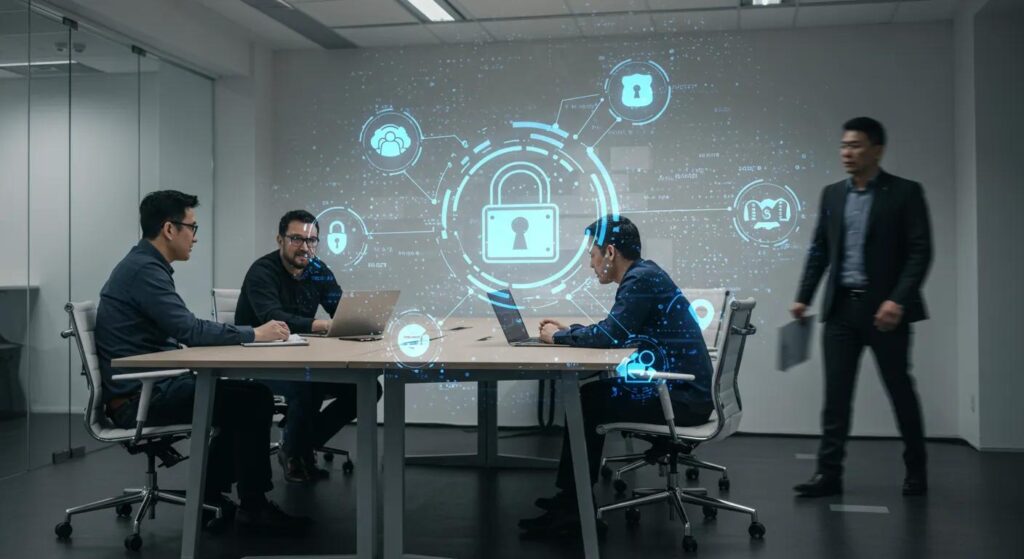 a dynamic office environment featuring engaged employees collaborating around a modern table, with digital security diagrams projected on the wall, symbolising the proactive implementation of iso 27001 for enhanced data protection and resilience.