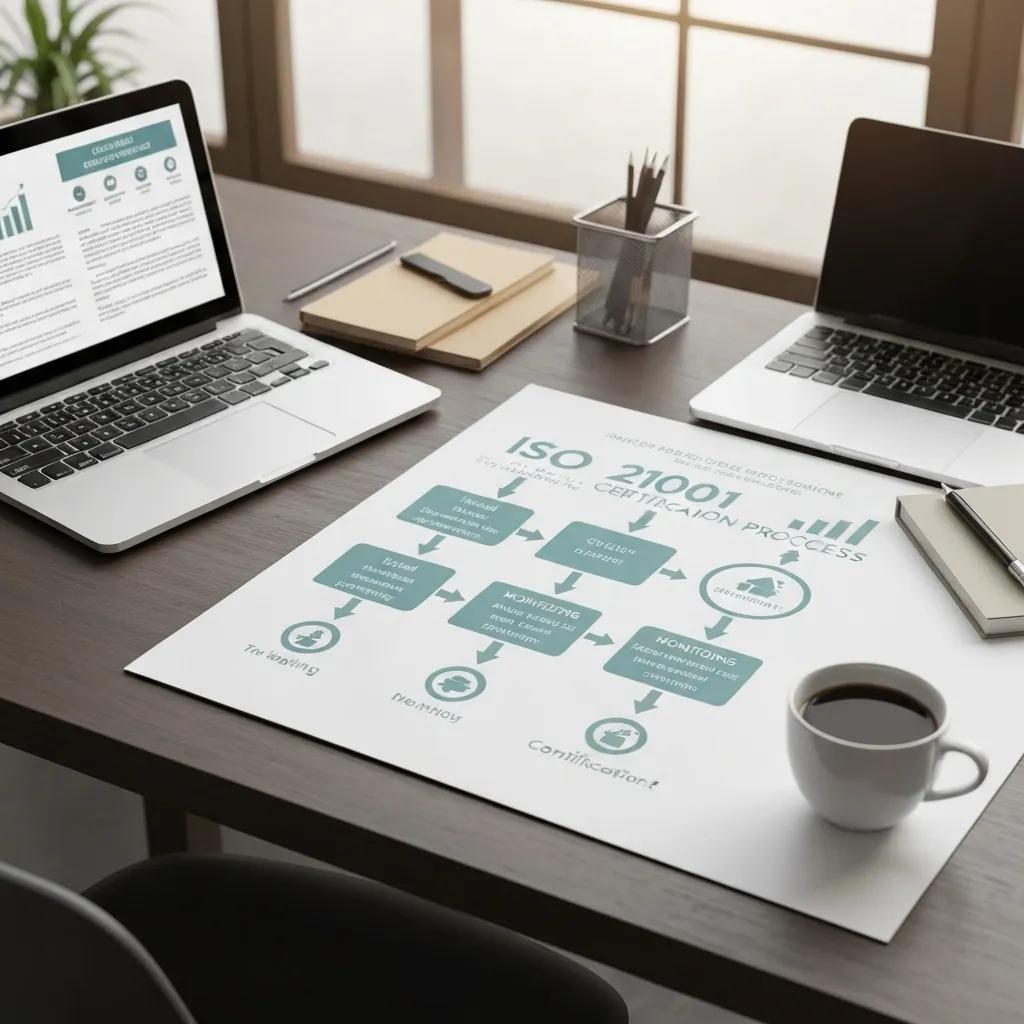 ISO 21001 certification process infographic on a desk with laptops, coffee cup, and stationery, illustrating steps for educational organizations to achieve compliance.