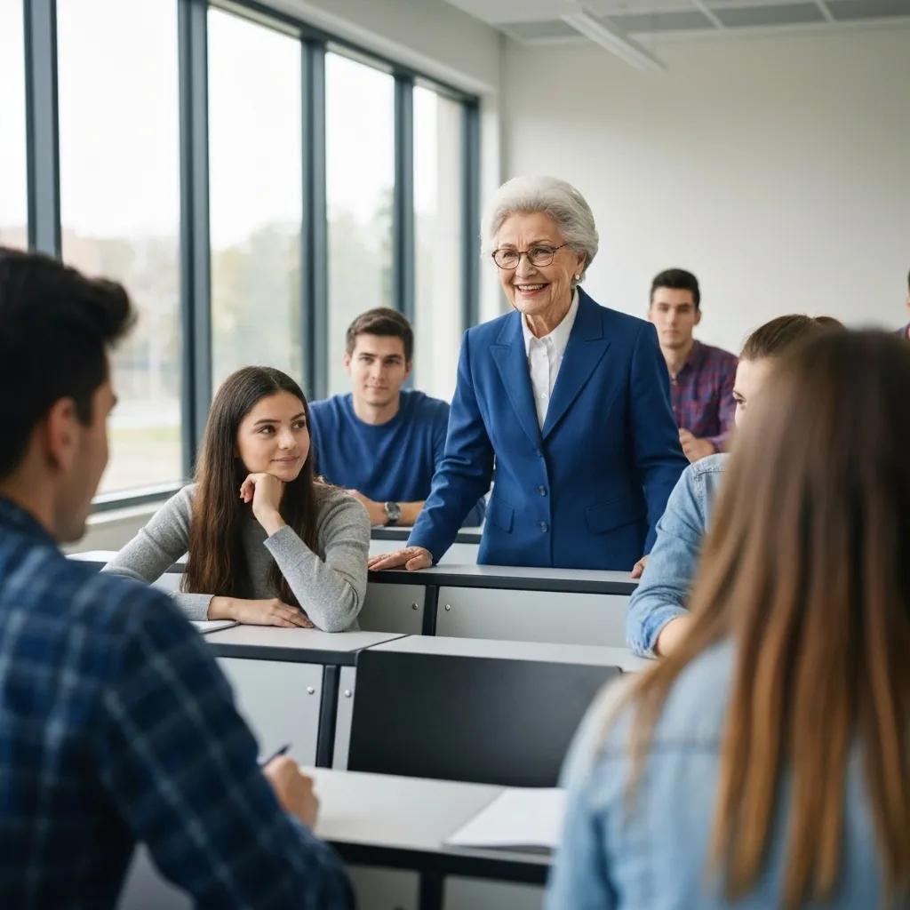 Older educator engaging with students in a classroom setting, promoting ISO 21001 training and educational excellence.