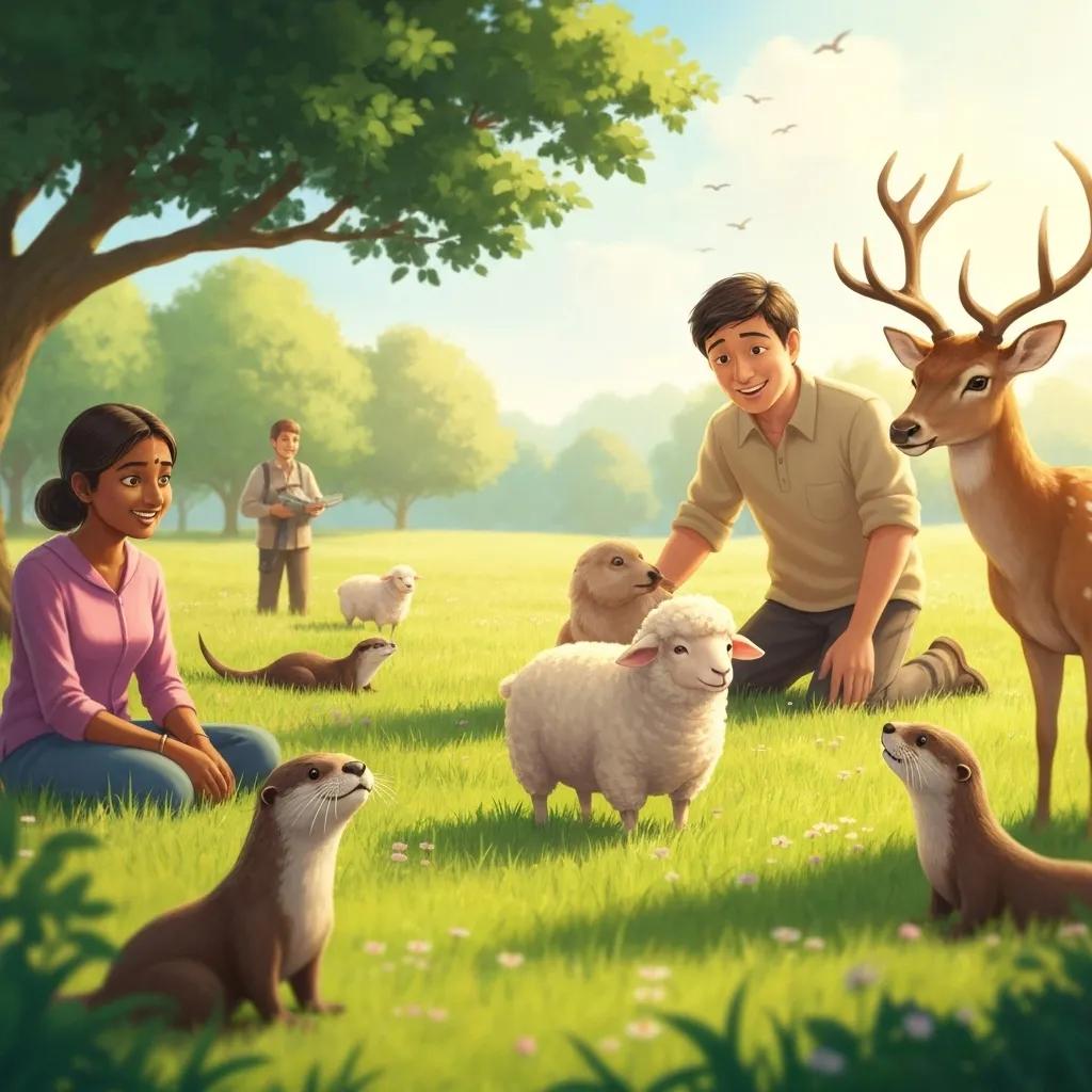 People interacting with animals in a lush green field, featuring a man kneeling beside sheep, a woman smiling while sitting on the grass, and a deer nearby, illustrating themes of environmental awareness and resource management related to ISO 14001 certification.