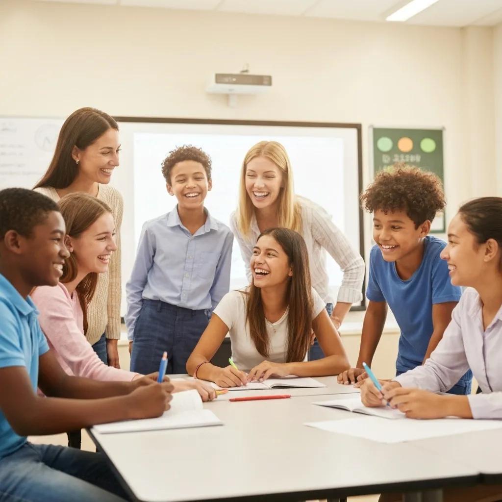 Group of diverse students and teachers engaged in collaborative learning, smiling and discussing over notebooks in a classroom setting, illustrating effective educational practices aligned with ISO 21001 principles.