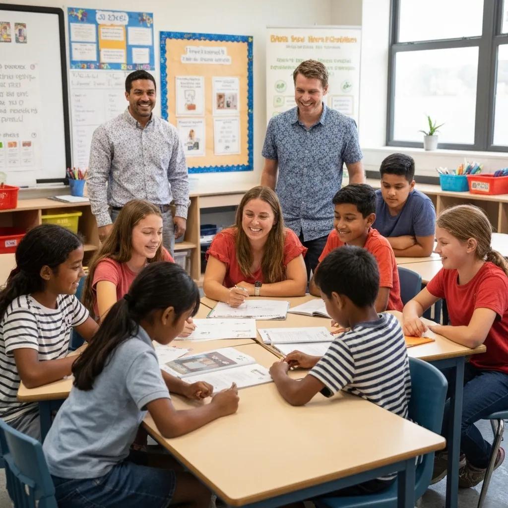 Students and teachers celebrating the benefits of ISO 21001 certification in a classroom