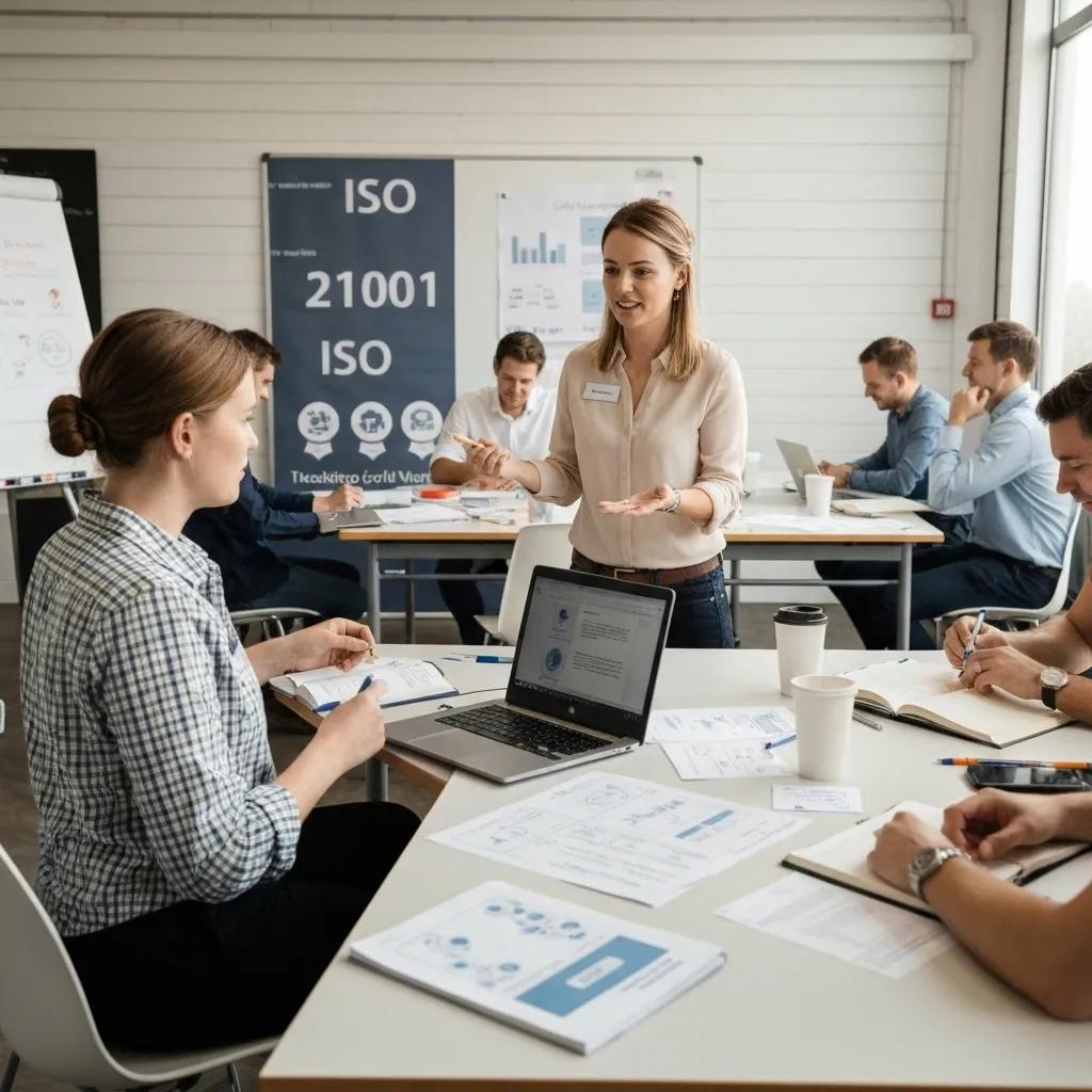 Group training session on ISO 21001 certification, featuring a female instructor engaging with participants, laptops and training materials on tables, educational posters in the background.
