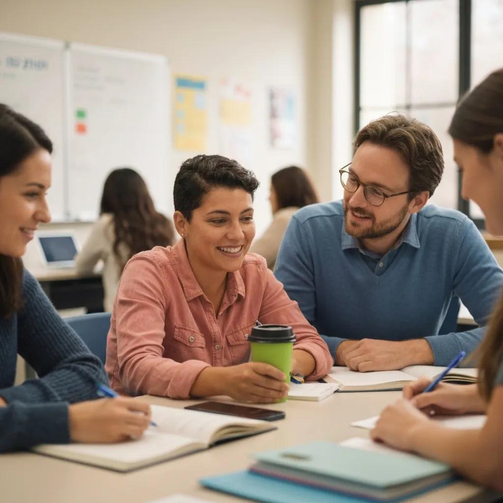 Group of diverse individuals collaborating at a table, engaged in discussion about ISO certification training resources, with notebooks and a coffee cup visible.
