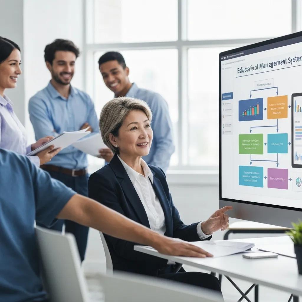 Group of professionals discussing Educational Organisation Management Systems (EOMS) with a focus on learner satisfaction and performance metrics, featuring a presentation on a screen displaying charts and processes.