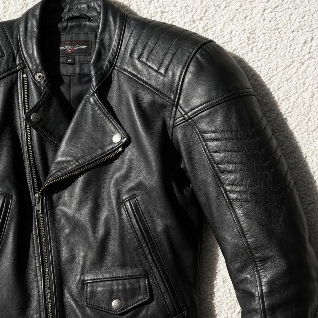 Black leather motorcycle jacket with detailed stitching, showcasing durability and style, relevant to discussions on enhancing educational management systems through ISO 21001 standards.