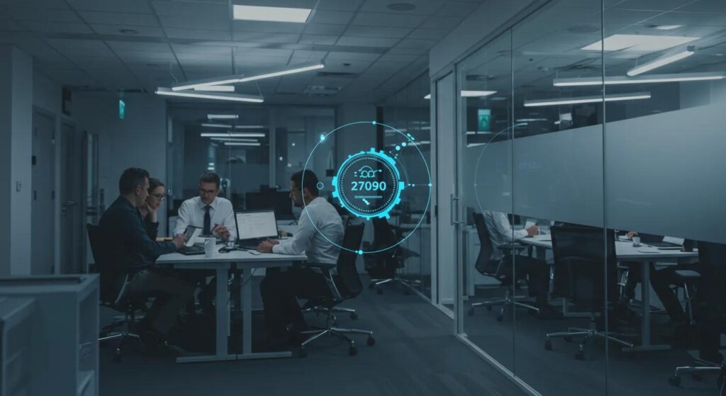 a sleek, modern office environment illuminated by soft, ambient lighting, showcasing professionals engaging in collaborative knowledge-sharing sessions, symbolizing the principles of the iso 27090 standard and its focus on ethical information security management.