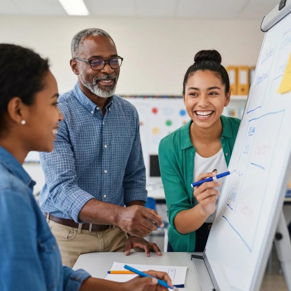 Diverse educational leaders collaborating in a modern classroom about ISO 21001 certification