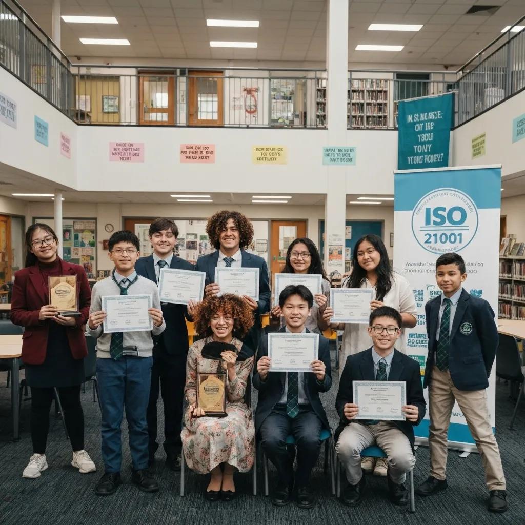 Students celebrating achievements in a school environment, representing the benefits of ISO 21001 certification
