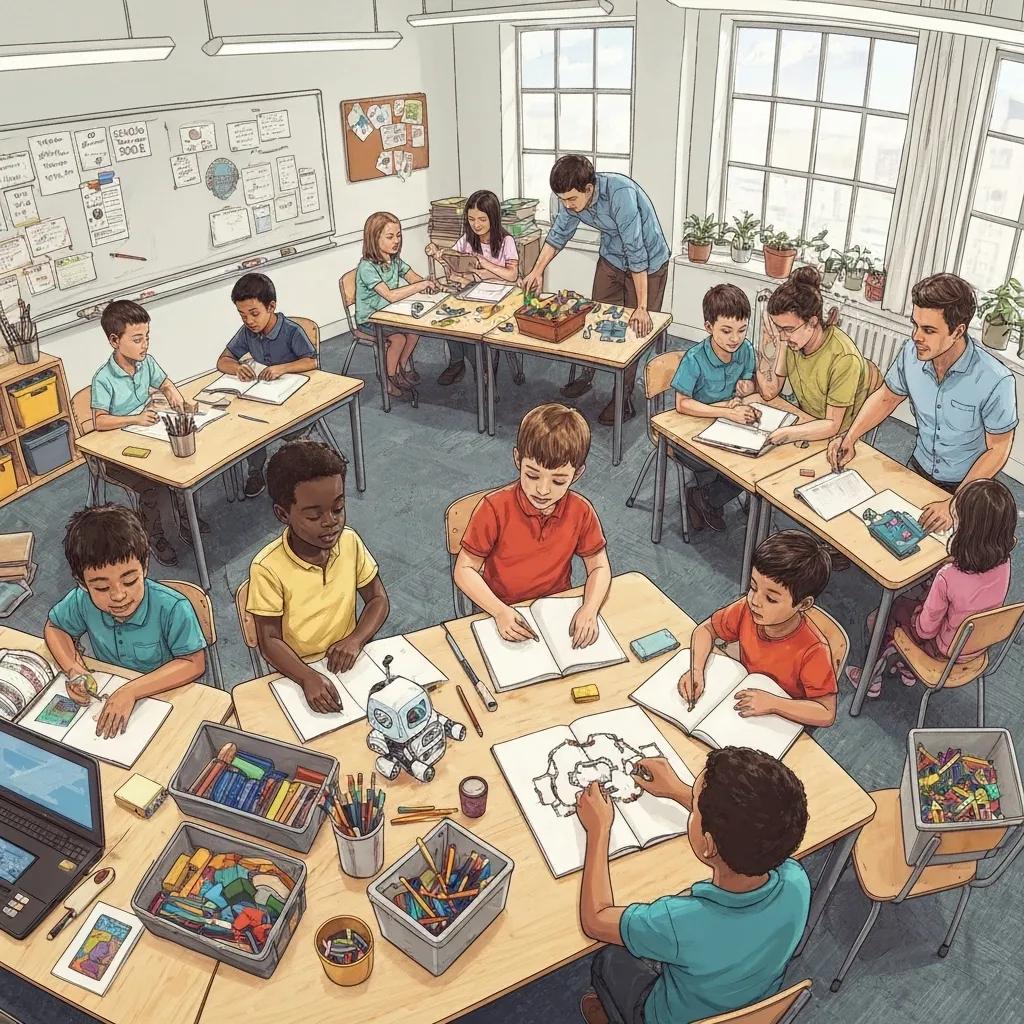 Children engaged in creative activities in a classroom, with a teacher assisting; includes art supplies, a robot toy, and a laptop, highlighting interactive learning in educational environments.