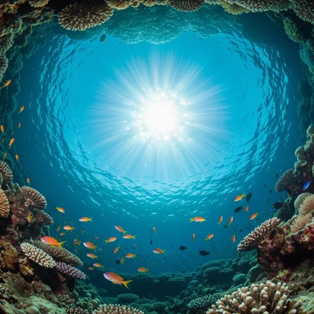 Underwater scene with vibrant coral reefs and colorful fish, illuminated by sunlight filtering through the water, symbolizing the importance of maintaining quality ecosystems for operational efficiency and customer satisfaction in business practices.