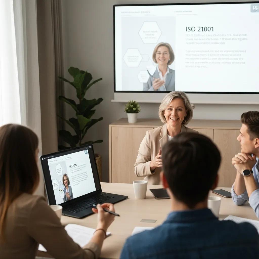 Woman presenting ISO 21001 training in a meeting room, with a laptop showing course materials and a projector screen displaying relevant information, surrounded by engaged participants.