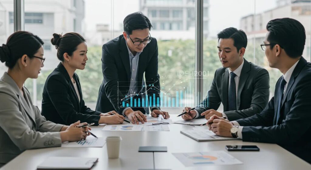 a dynamic business team collaborates around a sleek, modern conference table, illuminated by natural light, as they analyse a vibrant graph showcasing the transformational impact of iso 42001 on supply chain efficiency, symbolising innovation and growth in the digital age.
