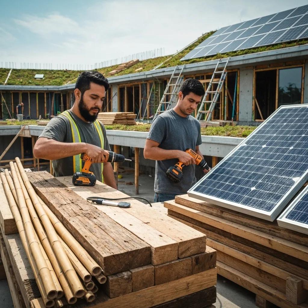 Construction team utilizing sustainable materials and practices in a green building project, reflecting ISO 14001 principles