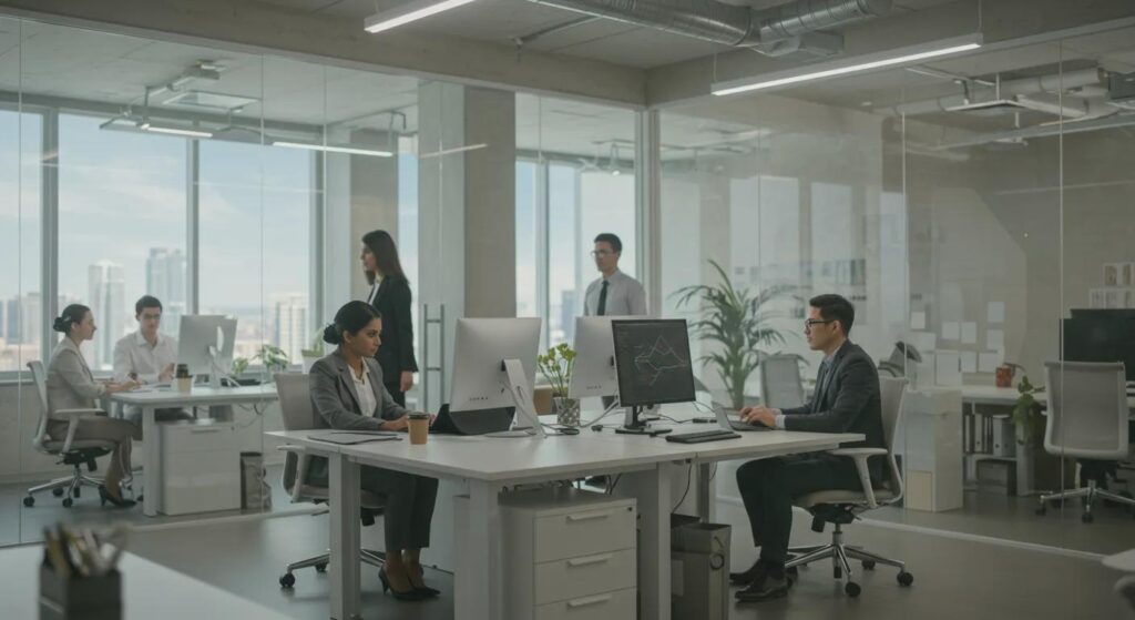 a modern office environment radiates professionalism, showcasing a bright, open space with sleek technology, reflecting the enhanced credibility and cyber resilience achieved through iso 27001 implementation.