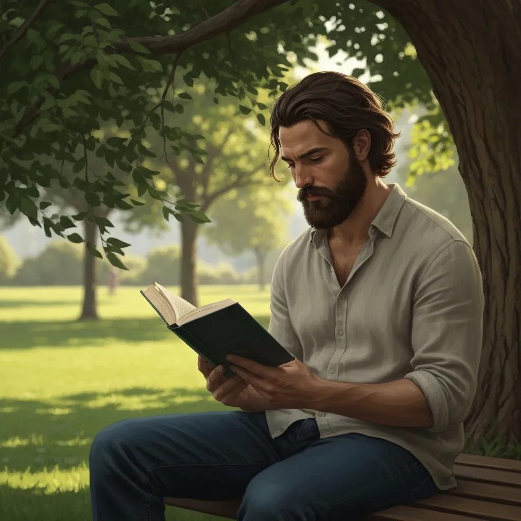 Man reading a book under a tree in a serene park setting, symbolizing a learner-centric approach in educational engagement.