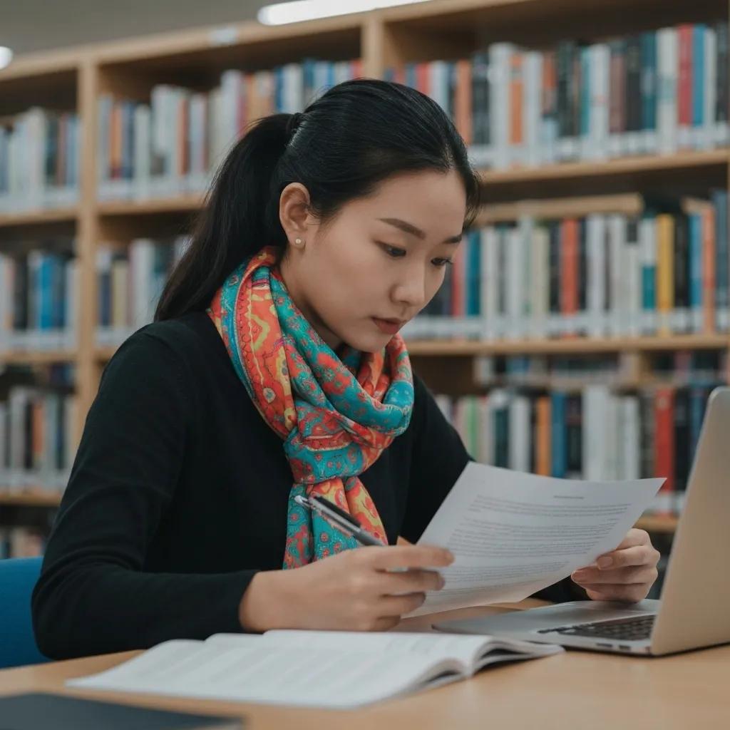 Woman studying in library with laptop, reviewing documents, and surrounded by books, illustrating educational focus and ISO training strategies.