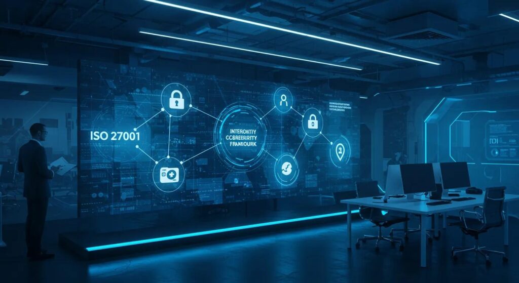 a futuristic office environment featuring a large digital screen displaying interconnected cybersecurity frameworks, bathed in cool blue lighting to emphasise the importance of iso 27001 certification in safeguarding data against evolving cyber threats.