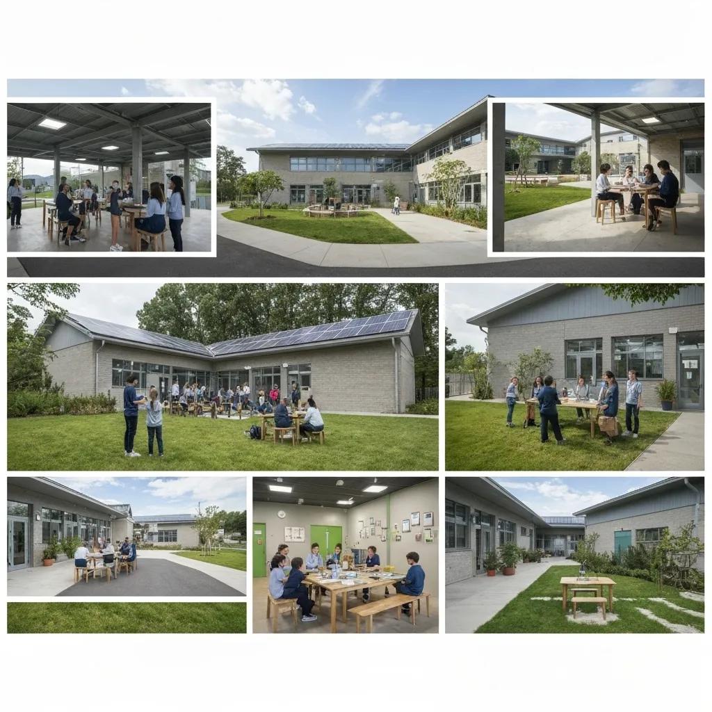 Modern educational institution showcasing sustainability with green spaces and solar panels