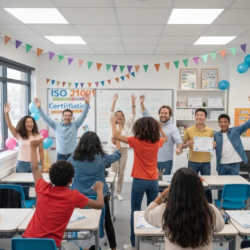 Group of diverse individuals celebrating ISO 21001 certification in a classroom, holding a certificate, with colorful decorations and balloons, symbolizing enhanced educational outcomes and learner satisfaction.