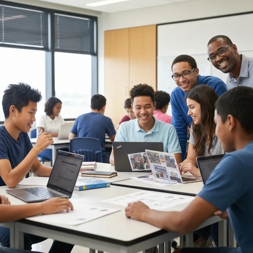 Group of diverse students collaborating in a classroom, engaging with laptops and printed materials, illustrating effective stakeholder involvement in educational settings.