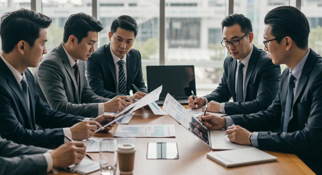 a determined business team gathers around a large conference table, scrutinising documents and digital devices, immersed in a dynamic discussion about implementing iso 42001 to enhance their organisational security and growth.