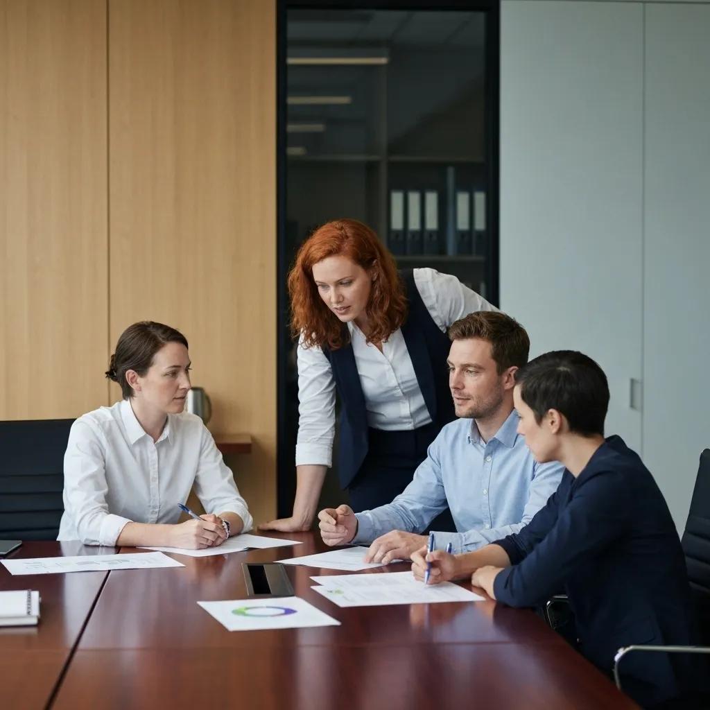 Diverse startup team collaborating on ISO 9001 certification strategies in a modern office
