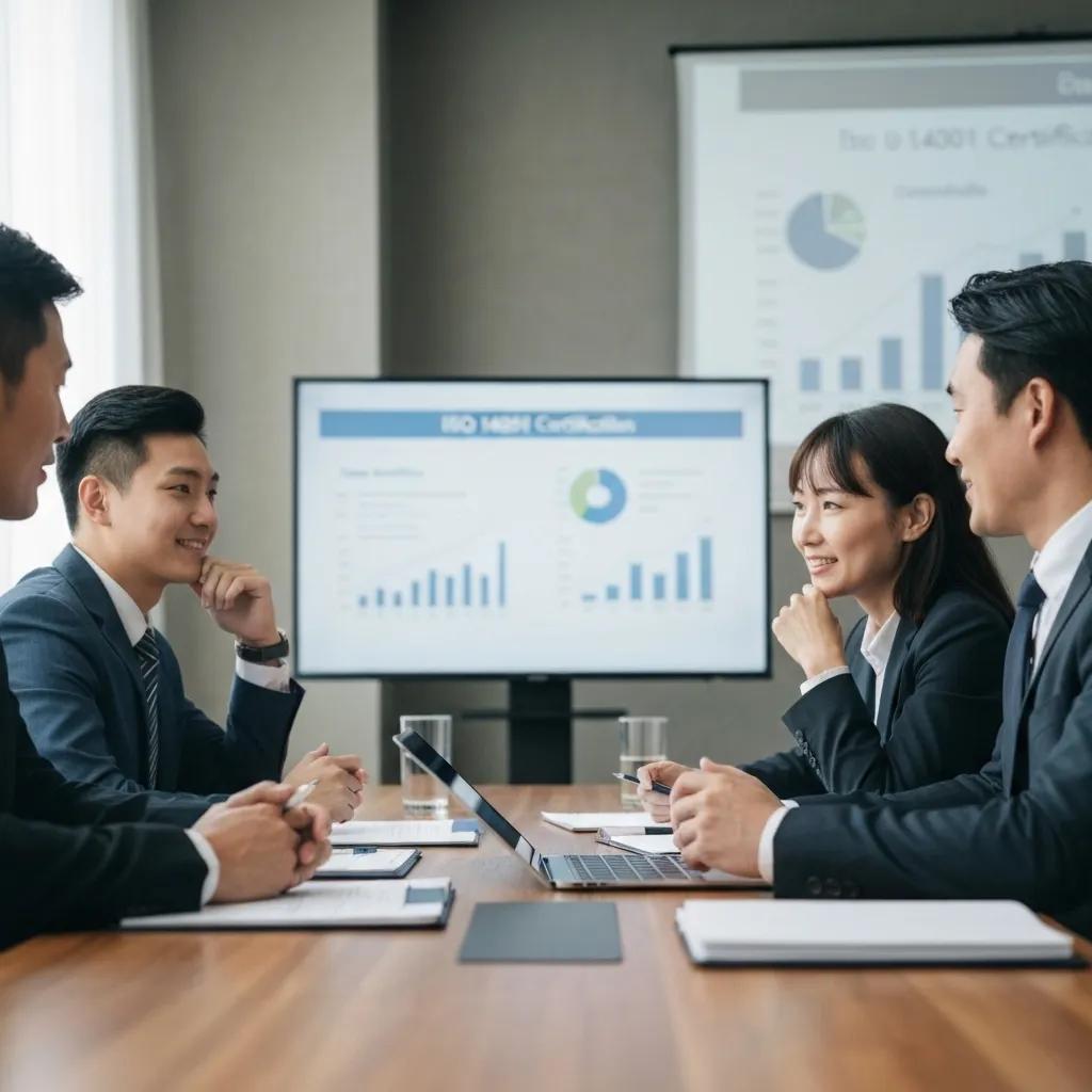 Business meeting discussing the benefits of ISO 14001 certification, highlighting stakeholder engagement