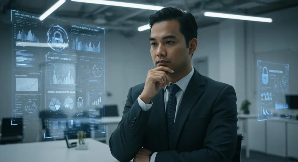 a focused business professional thoughtfully evaluates cybersecurity strategies in a modern office environment, surrounded by digital data visualisations and certification documents, illuminated by soft, ambient lighting.