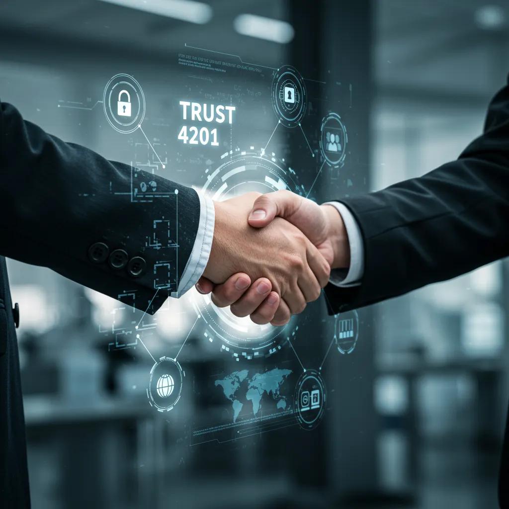 Business professionals engaging in a handshake, symbolizing trust and enhanced reputation in AI governance