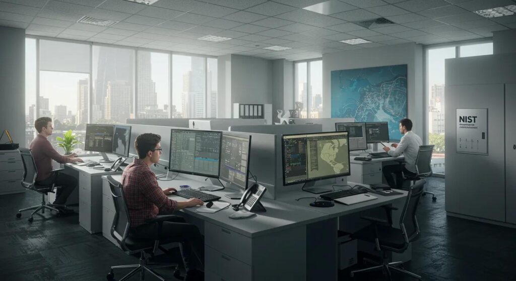 Office setting with multiple professionals working at computers, showcasing NIST standards for data security, monitors displaying cybersecurity data, and a city skyline in the background.