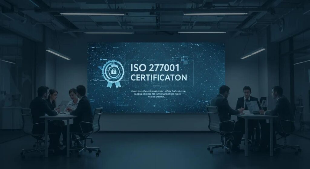 a strong, modern office environment showcasing a large digital screen displaying the iso 27001 certification logo, illuminated by soft, ambient lighting that highlights professionals engaged in a focused discussion about data security and risk management strategies.