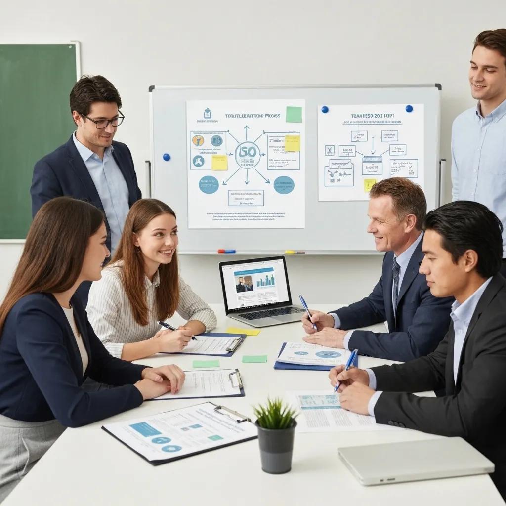 Team of professionals engaged in planning the implementation of ISO 21001 in an educational setting