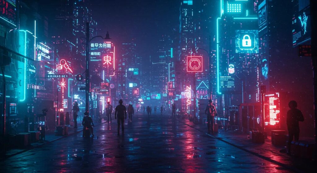 a futuristic cityscape lit by neon lights, showcasing automated systems and ai-driven technologies, symbolizing the evolution of information security standards and their integration across diverse industries.