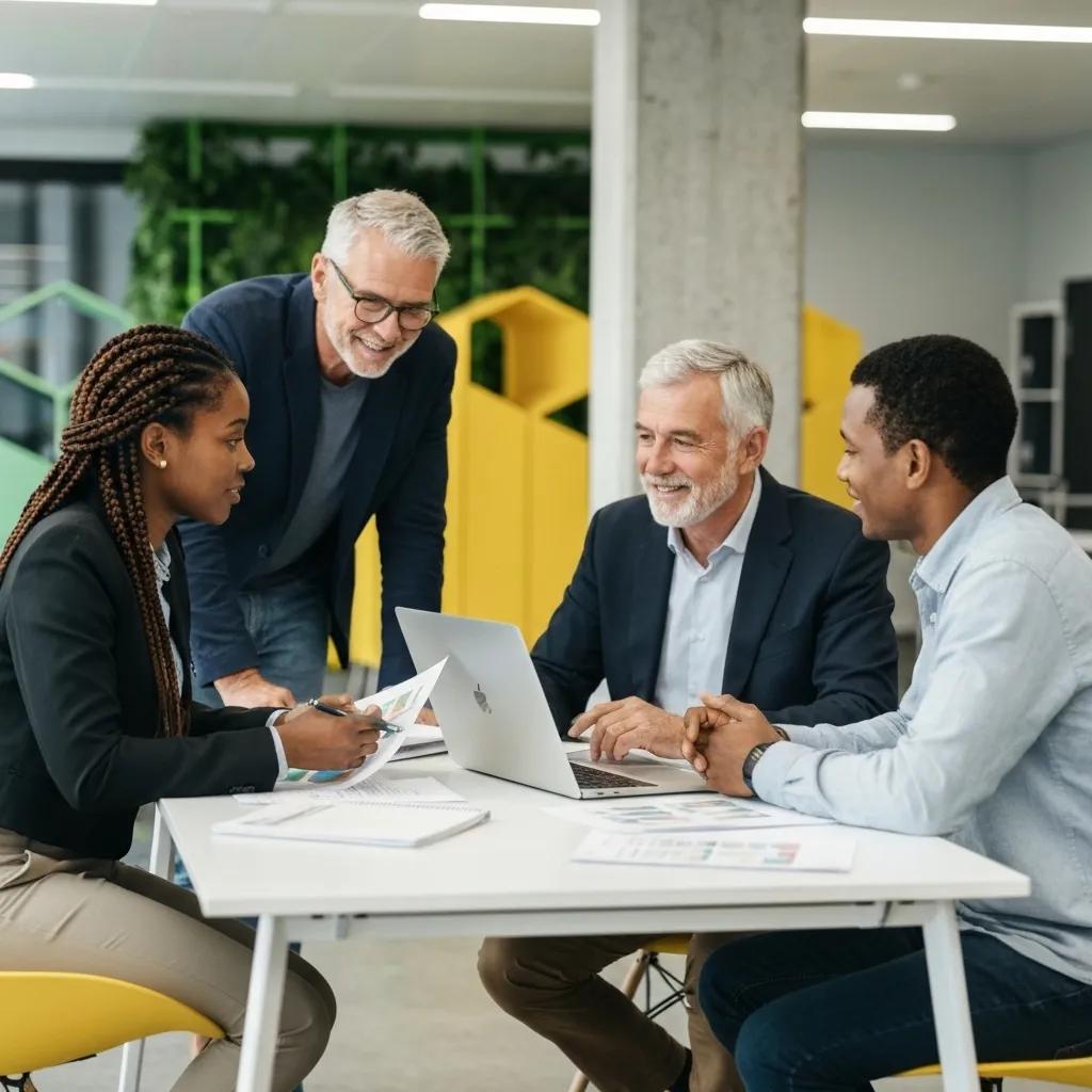 Business professionals discussing ISO 14001 audit strategies around a laptop, analyzing documents and collaborating in a modern office setting.