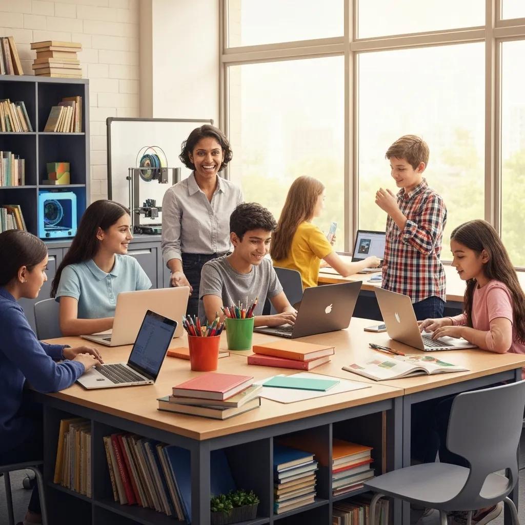 Diverse students and educators collaborating in a modern classroom, emphasizing learner-centered education
