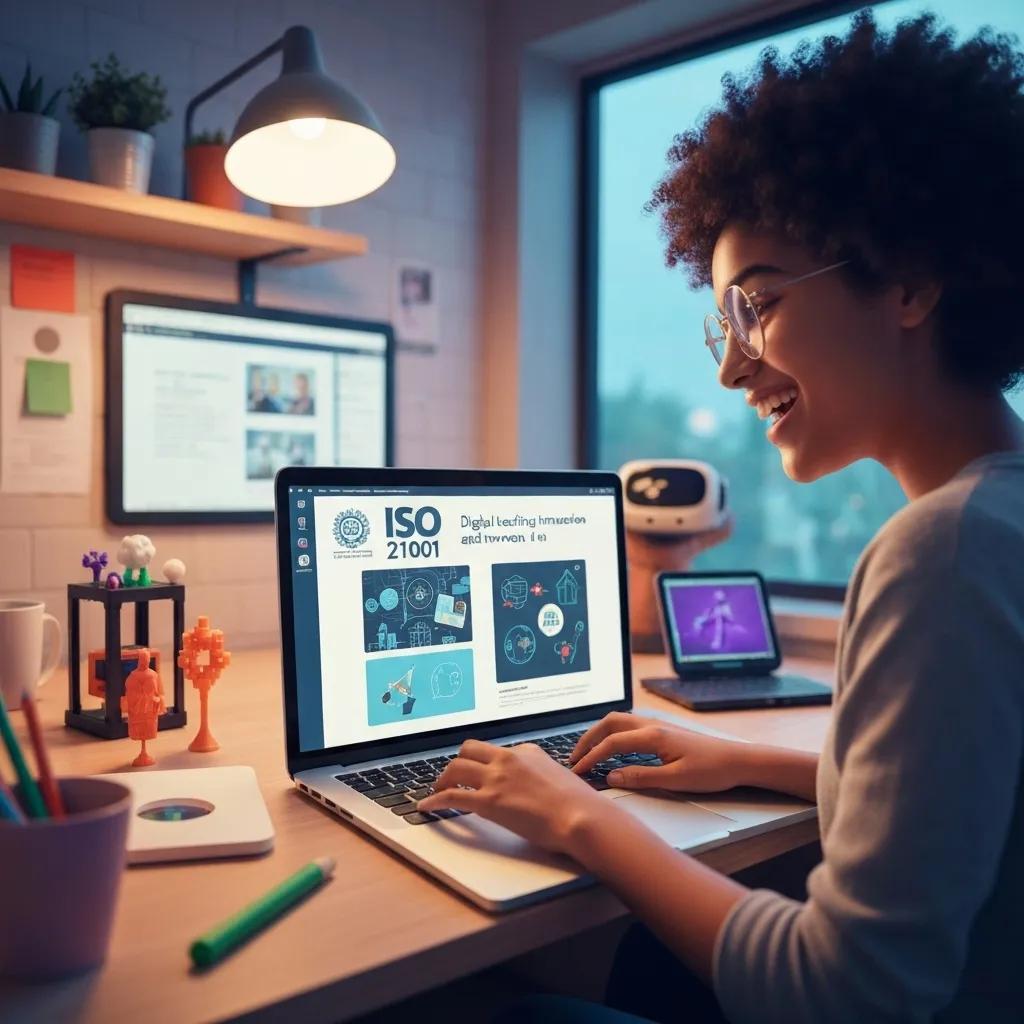 Young woman engaging with a laptop displaying ISO 21001 digital learning materials, surrounded by educational tools and a cozy workspace, illustrating the integration of quality management in online education.