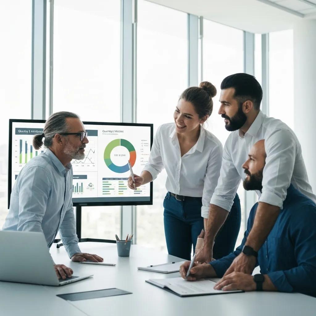 Business team collaborating on quality management and environmental standards, discussing data on digital screens, emphasizing integrated management systems and ISO certifications.